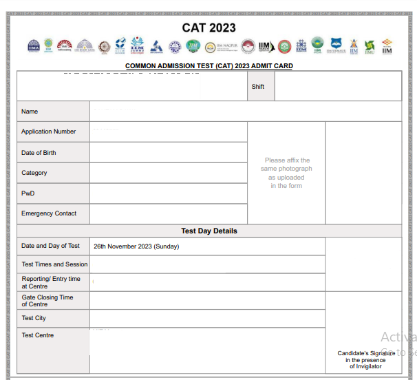 Cat Exam Admit card sample